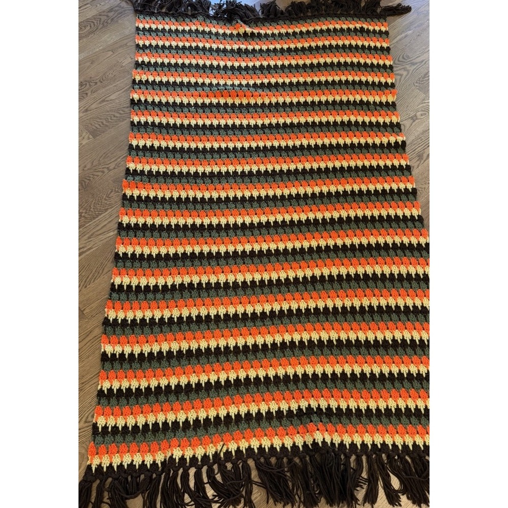 VTG Handmade Crochet Afghan Throw Blanket Retro 70s Harvest Fall Colors 85x45 in